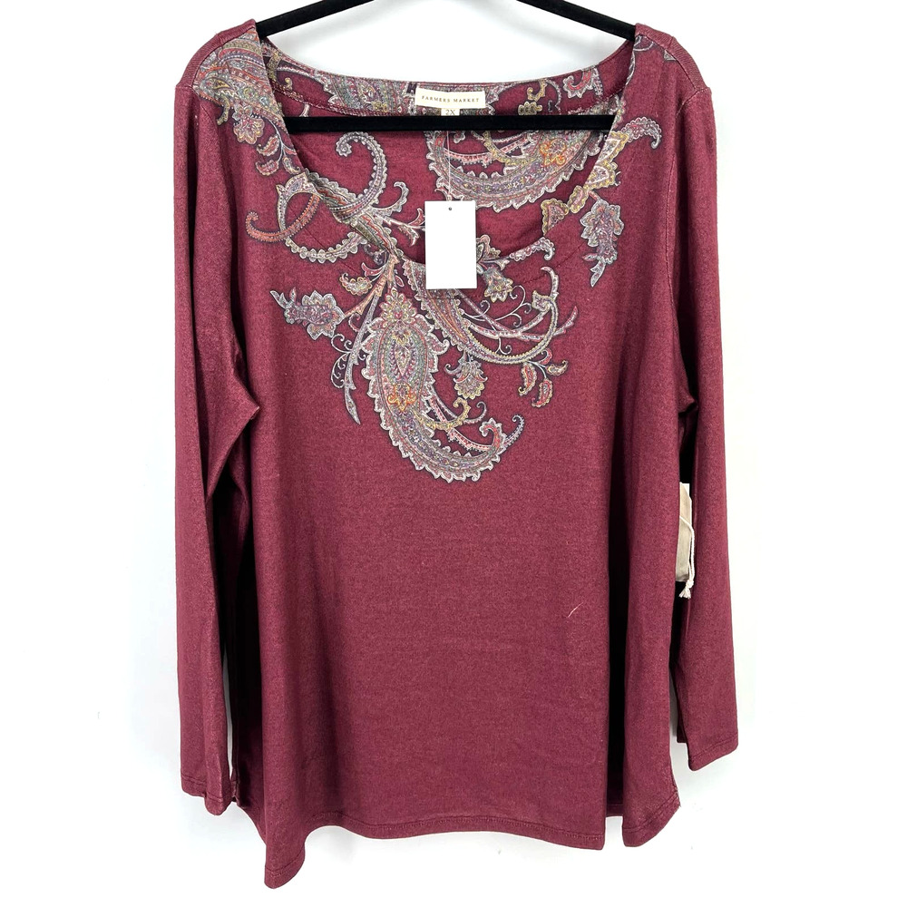 Farmers Market Wine Red Floral Print Shirt Womens Plus SIze 3X Long Sleeve